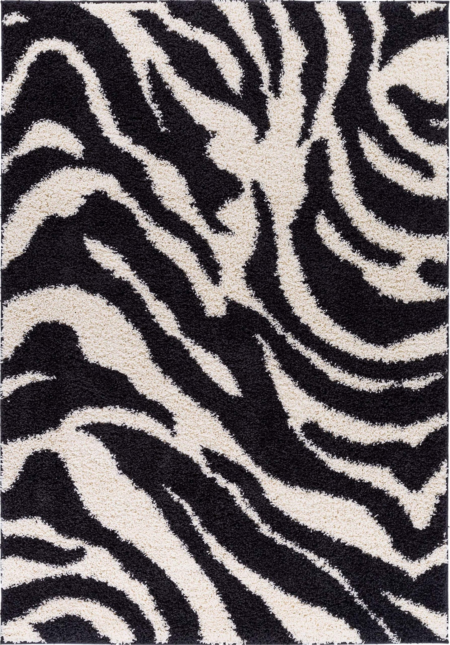 ruglots Modern Animal Print Area Rug Shag Zebra Black & Ivory Plush Easy Care Thick Soft Plush Living Room,3 ft 3 in x 5 ft 3 in