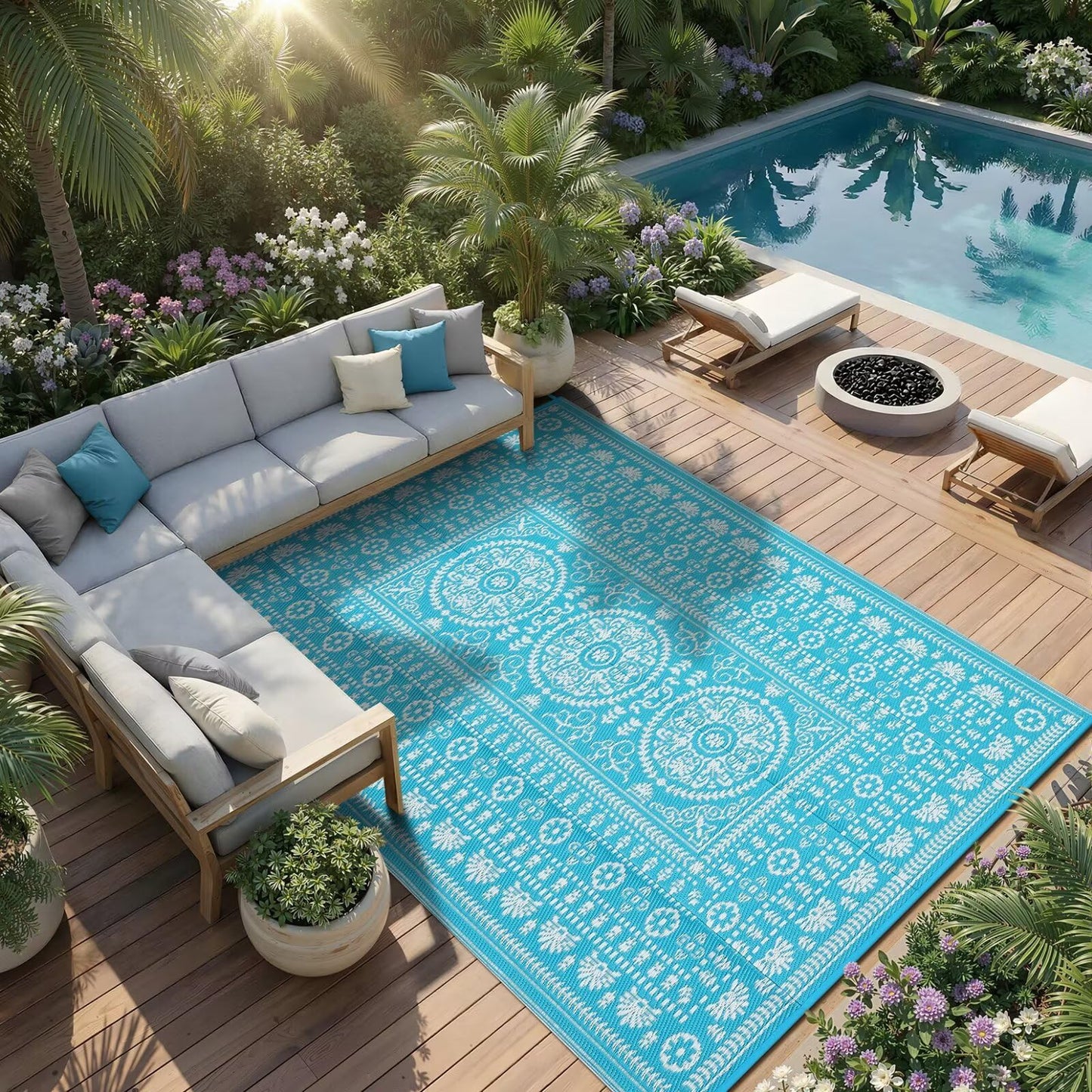 Garvee Reversible Outdoor Rug 5x8 for Patio, Waterproof Outdoor Area Rug, Boho Medallion Indoor Outdoor Carpet for Porch, Plastic Straw Rug for RV, Camping, Deck, Blue and White