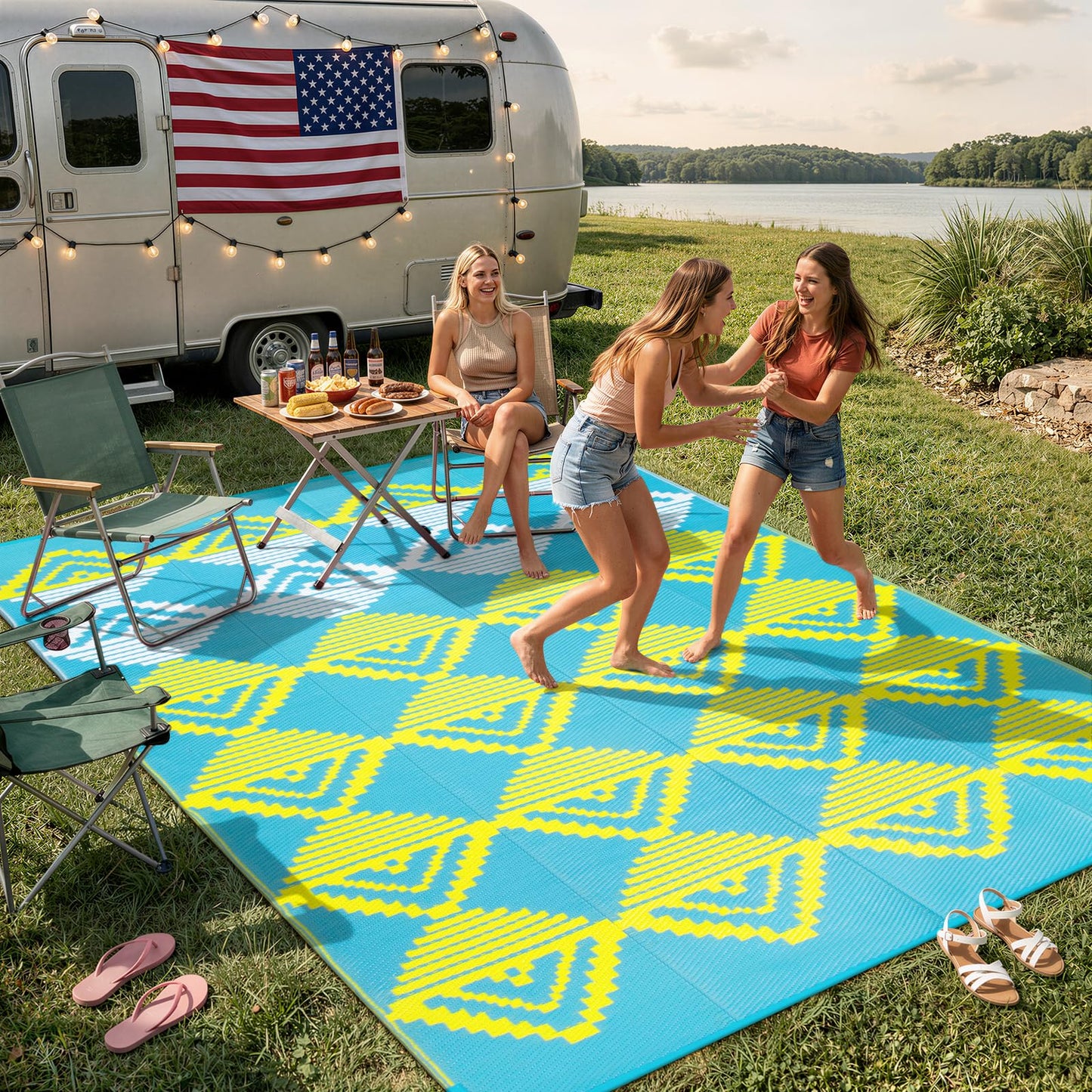 Beeiva Outdoor Rug 8x10 Waterproof for Patio, Reversible Outdoor Patio Rug for Backyard, Deck, Blue Yellow