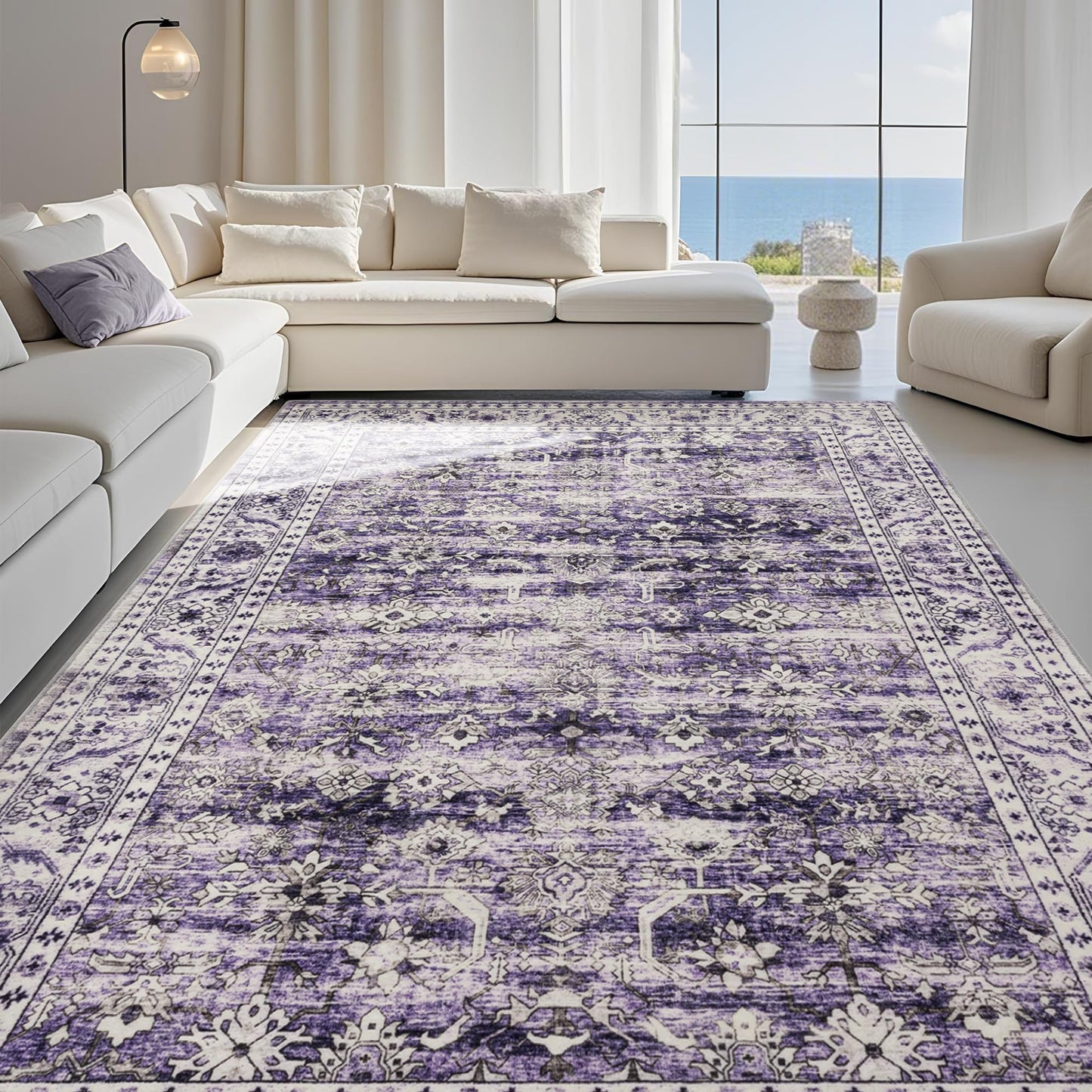 Carvapet 6x9 Area Rug - Large Dark Blue Vintage Floral Rectangular Carpet Low Pile, Non Slip Rubber Backing Machine Washable Mat for Living Room Bedroom