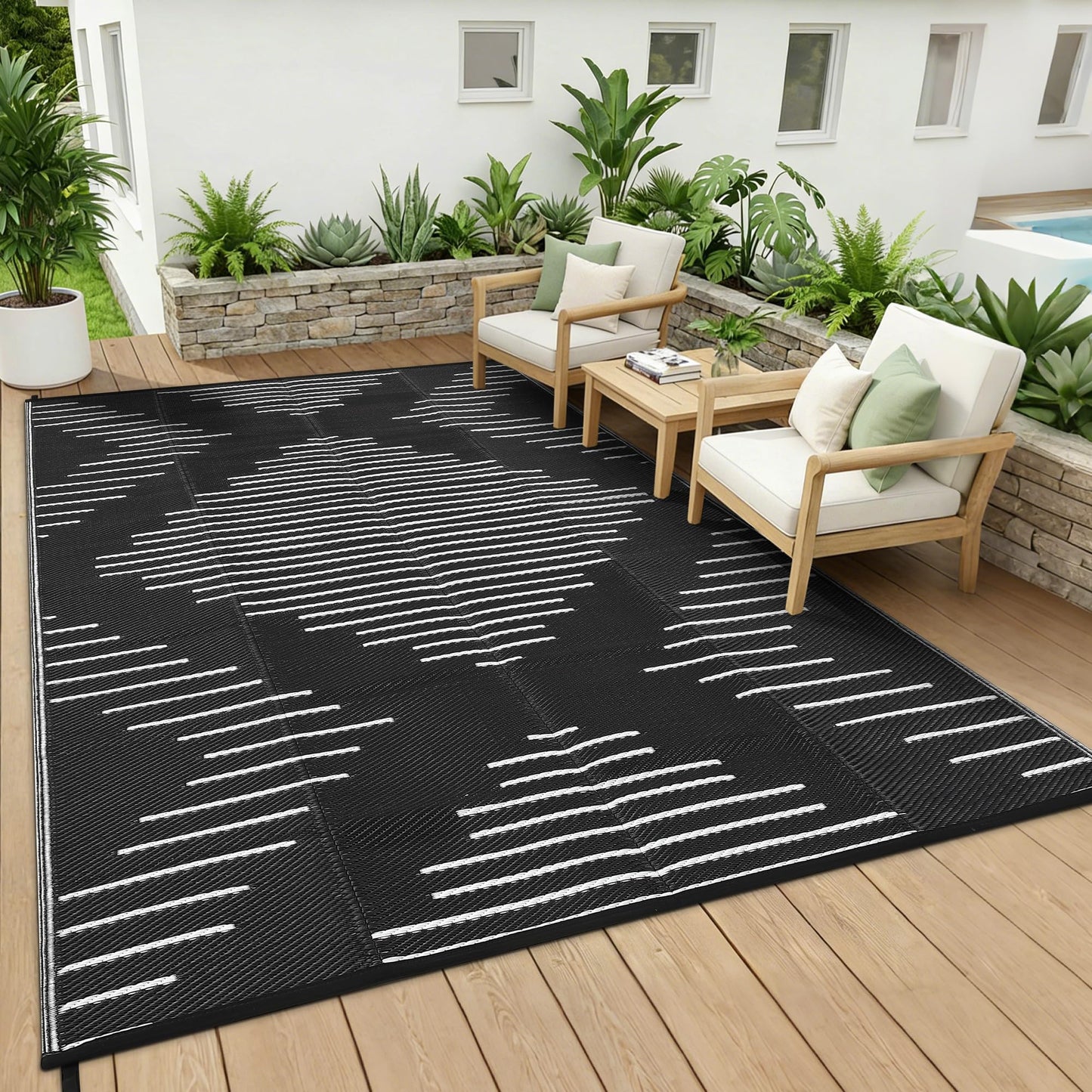 Garvee Waterproof Outdoor Rug 5x8 Rug Plastic Reversible Area Rugs Indoor Outdoor Carpet for Patio RV Porch Balcony Backyard Picnic Black White