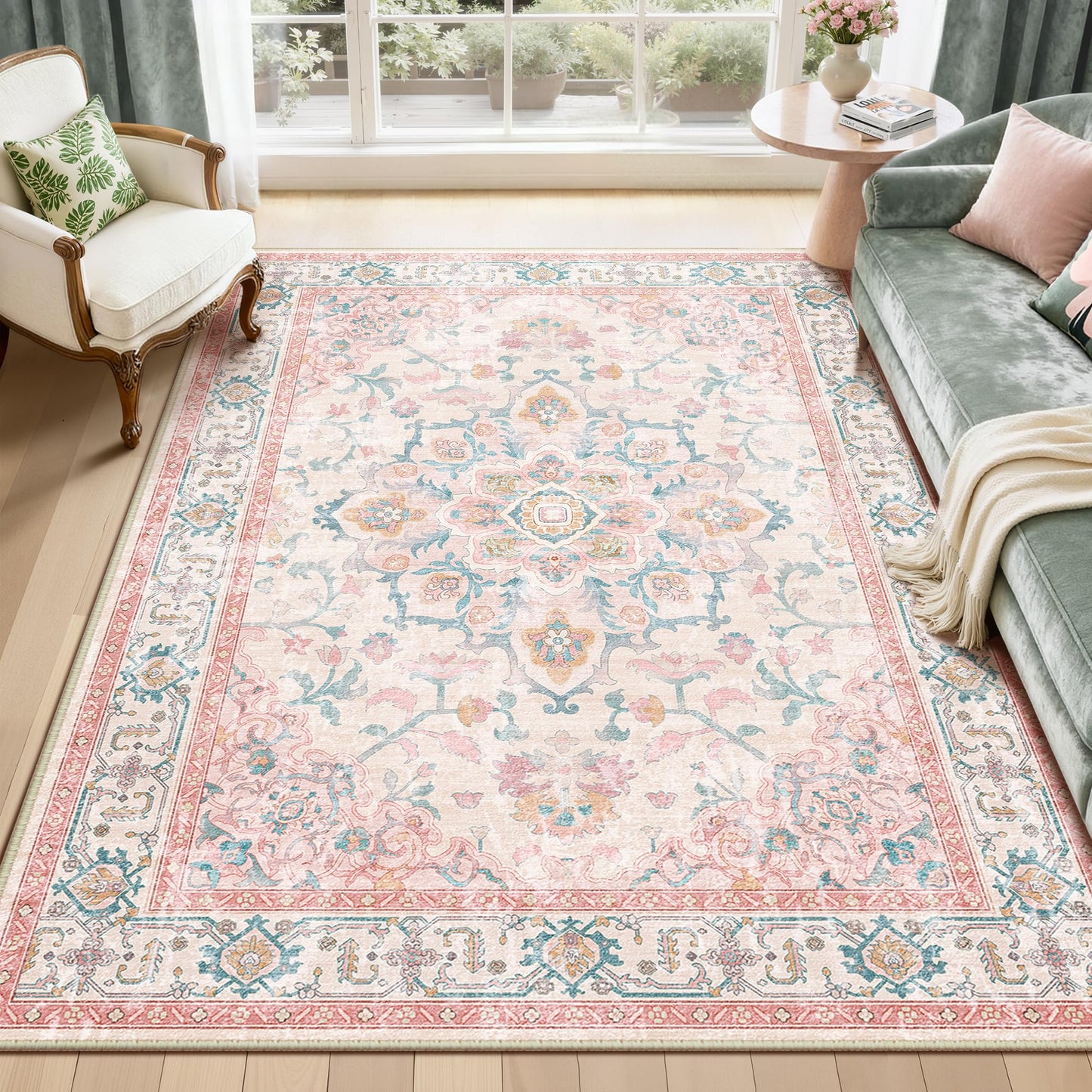 CAPALOCA Machine Washable Rugs Nursery Rug 5x7 Cute Girl Non Slip Low Pile Water Repellent Soft Print Pattern for Bedroom Indoor Decor Kids Playroom Pink Teal