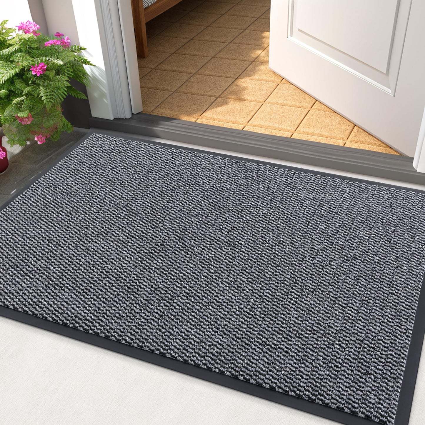 Smiry Front Door Mat Outside Entrance, Low Profile Sturdy Rubber Doormat, Heavy Duty Dirt Trapper, Non-Slip PVC Backing, Easy Clean Floor Mat for Indoor Outdoor Entry, 35x23 Inch, Black