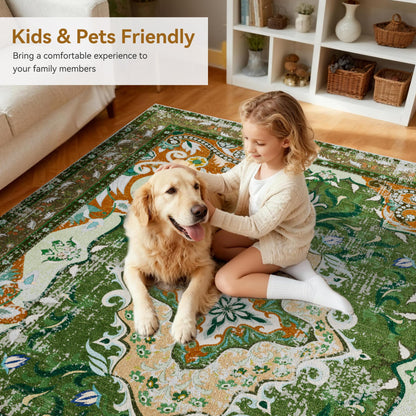 RUSHUFFY 6x9 Washable Area Rugs for Living Room, Non-Slip Boho Vintage Traditional Medallion Print Pattern Carpet for Bedroom Dining Room Farmhouse Nursery Room, Dark Green