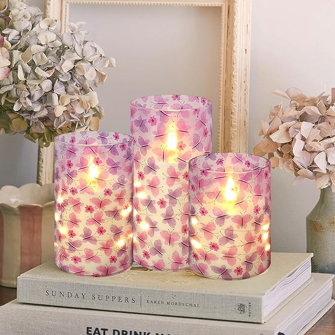 Flickering Flameless CandlesPink Butterfly Print, Embedded Star String Lights, Battery Operated Acrylic LED Pillar Candles with 11-Key Remote and Timer for Home Decoration, 3 Pack