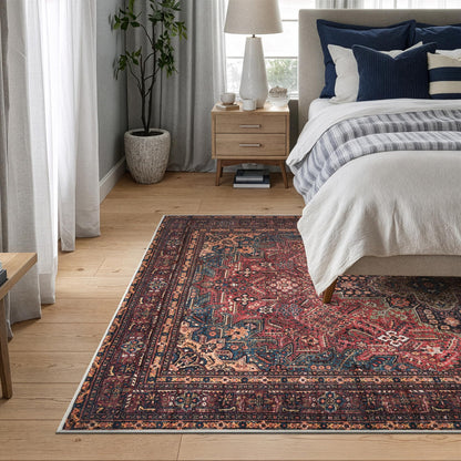 Bloom Rugs Washable Non-Slip 4' x 6' Rug - Red/Teal Blue/Yellow Traditional Medallion Area Rug for Living Room, Bedroom, Dining Room, and Kitchen - Exact Size: 4' x 6'