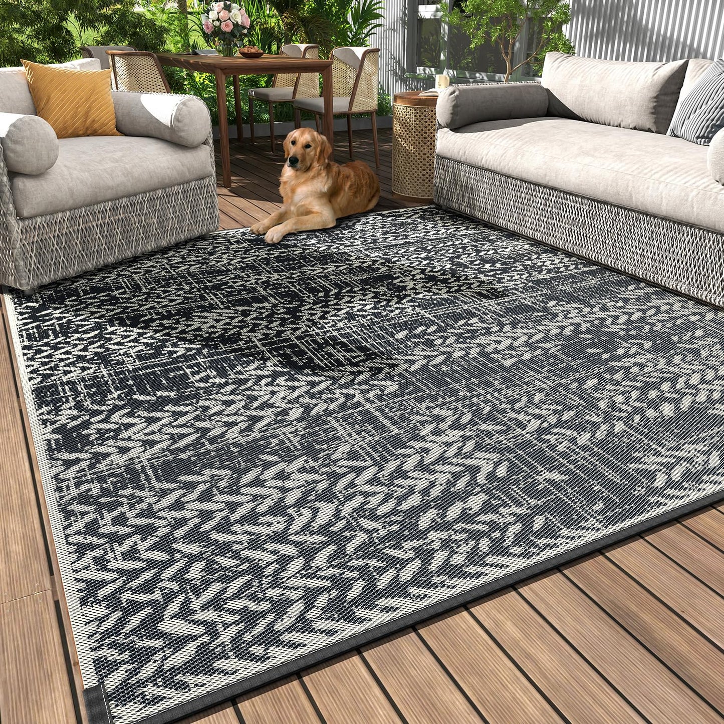 MontVoo Outdoor Rug 8x10 Waterproof-Patio Rug Mat Outdoor RV Camping Picnic Beach Mat Plastic Straw Rugs Outside Outdoor Area Rugs for Balcony Deck Backyard Grey