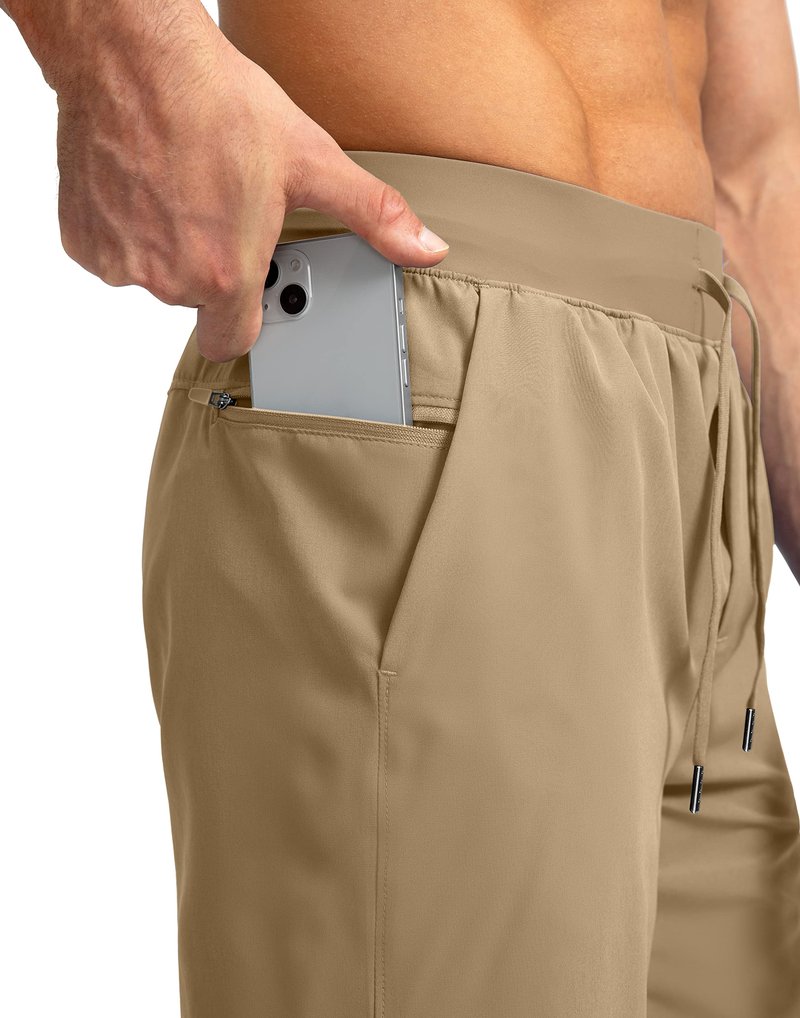 Soothfeel Men's Running Shorts with Zipper Pockets 7 Inch Lightweight Quick Dry Gym Athletic Workout Shorts for Men (Dark Khaki, S)