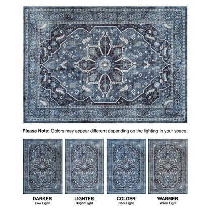 Bloom Rugs Caria Washable Non-Slip 4x6 Rug - Blue/Charcoal Traditional Area Rug for Living Room, Bedroom, Dining Room, and Kitchen - Exact Size: 4' x 6'