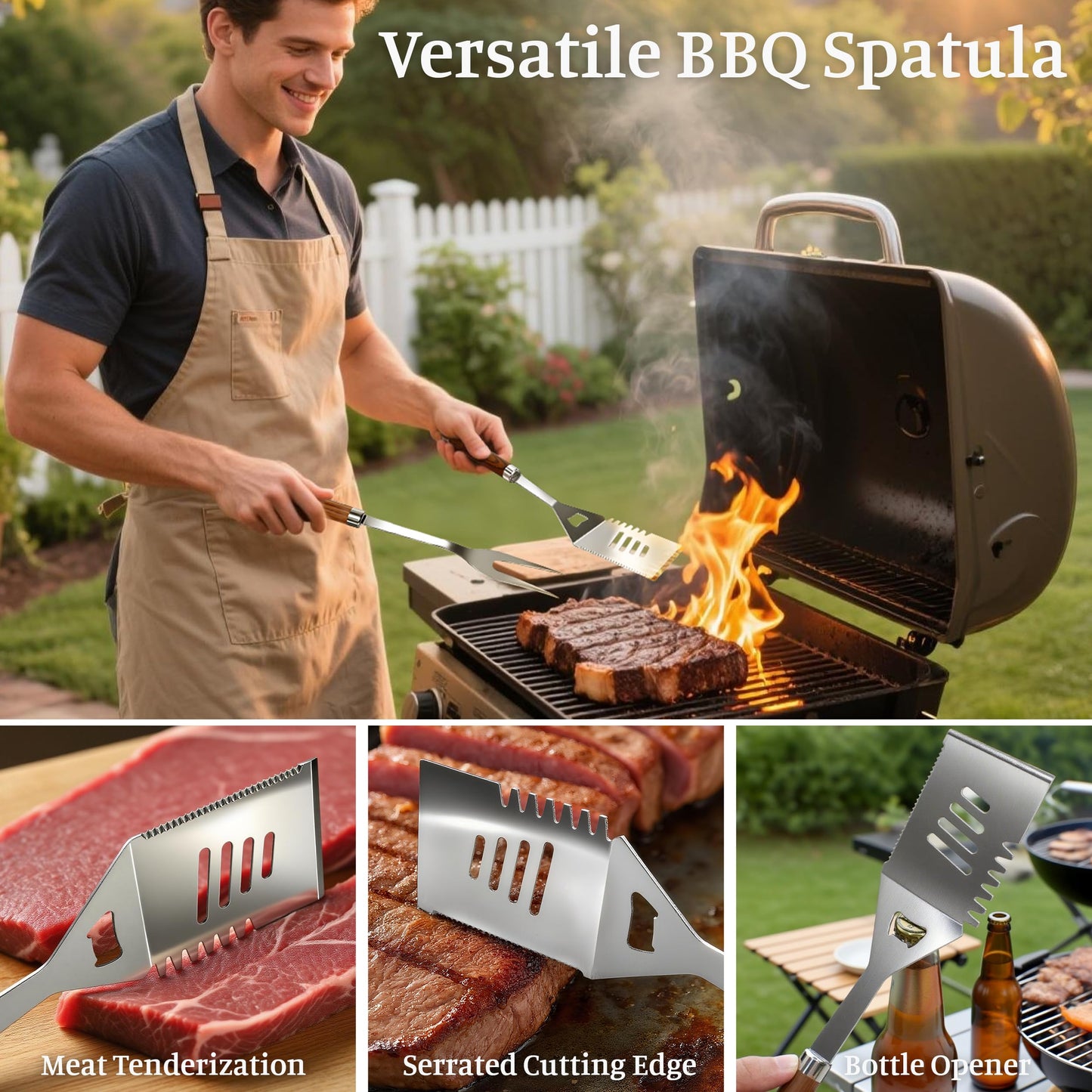 KOBENDA BBQ Grill Accessories, Stainless Steel Grilling Set with Storage Bag, Spatula, Fork, Cleaning Brush BBQ Accessories, Grill Tools Set for Outdoor Cooking Camping, Grilling Gifts for Men