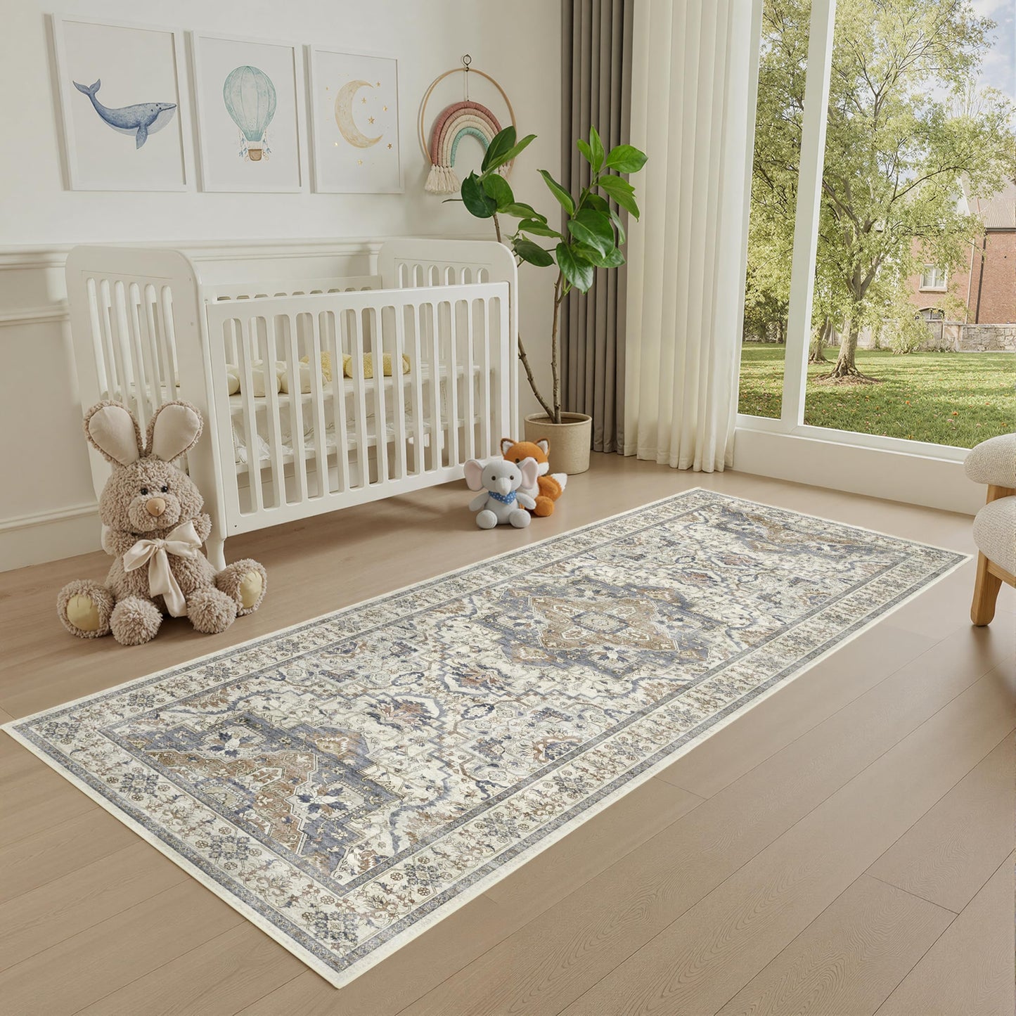 EiniHliw 2x6 Washable Kitchen Runner Rug, Non Slip Vintage Runner Rugs for Hallway, Ultra-Thin Low Pile Distressed Kitchen Rugs Non Skid, Machine Washable Laundry Entryway Indoor Carpet,Beige/Blue