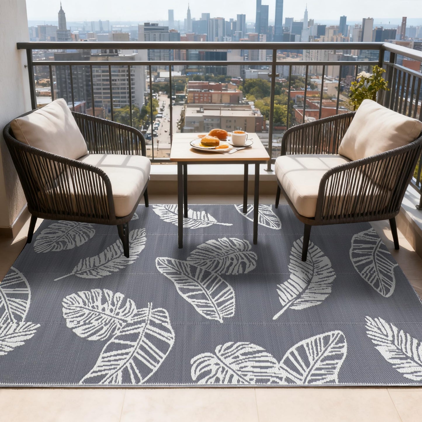 olofable ‌Reversible Waterproof Outdoor Rug – Lightweight UV-Resistant Rug for Patio, Camping & Beach (Grayish-White Leaves, 5' x 8' (Rectangular))