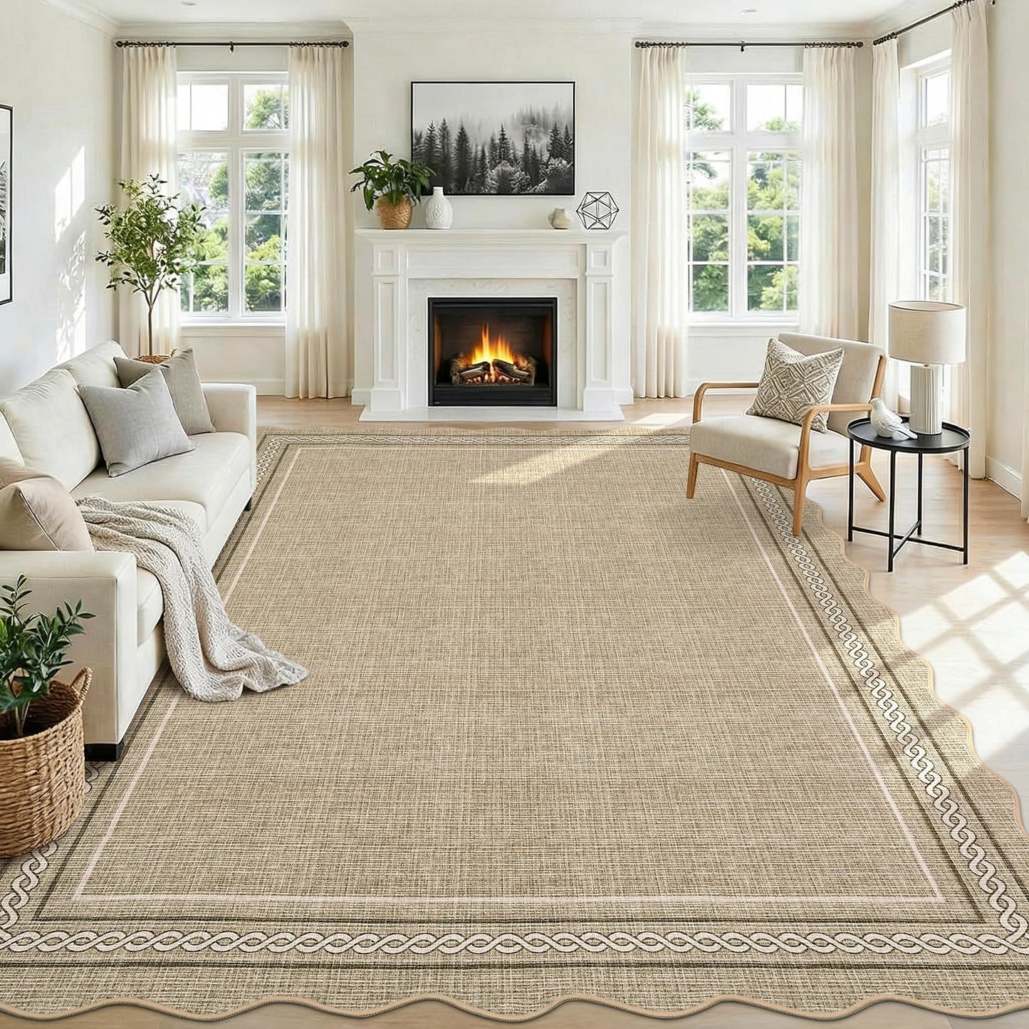 Garvee Scalloped Washable 5x7 Area Rugs for Living Room, Non Slip Neutral Bordered Soft Non Shedding Bedroom Rugs Foldable Low Pile Stain Resistant Carpet for Playroom Nursery Dining Room, Jute Color
