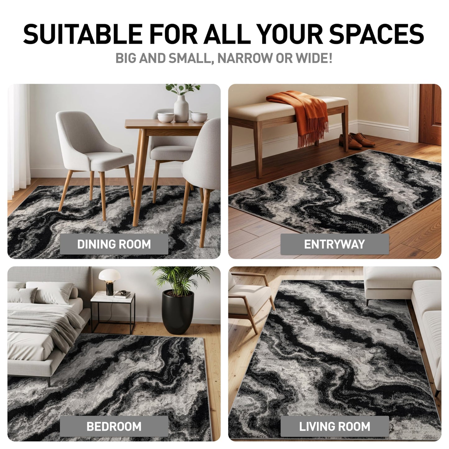 Rugshop Black Gray Marble Swirl Area Rug Non-Shedding Contemporary Indoor Carpet for Living Room Bedroom Kitchen 5' x 7'