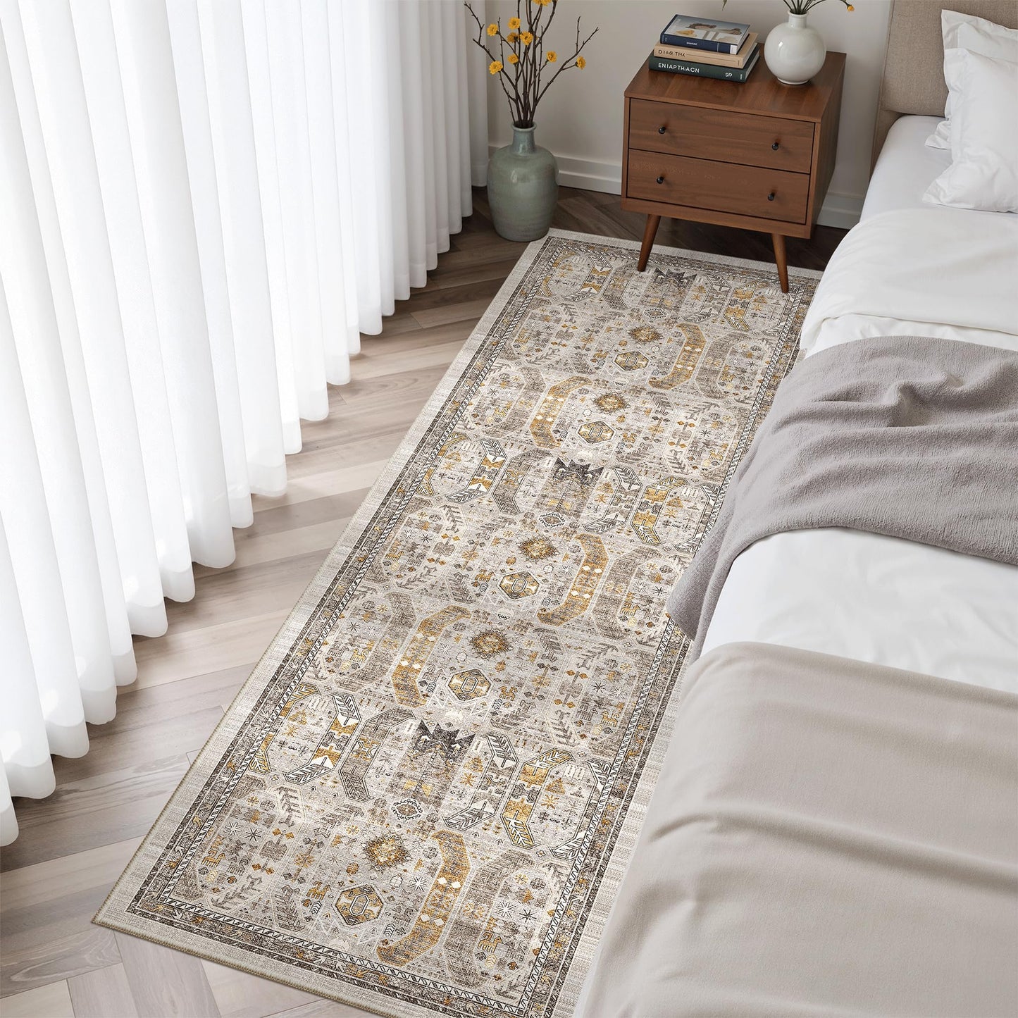Madane Washable Runner Rug - 2x6 Rug Runners for Hallways 6 Feet Non Slip Vintage Kitchen Runner Rug Ultra-Thin Bathroom Runner Rugs Carpet Laundry Room Bedroom (2x6ft, Brown/Gold)