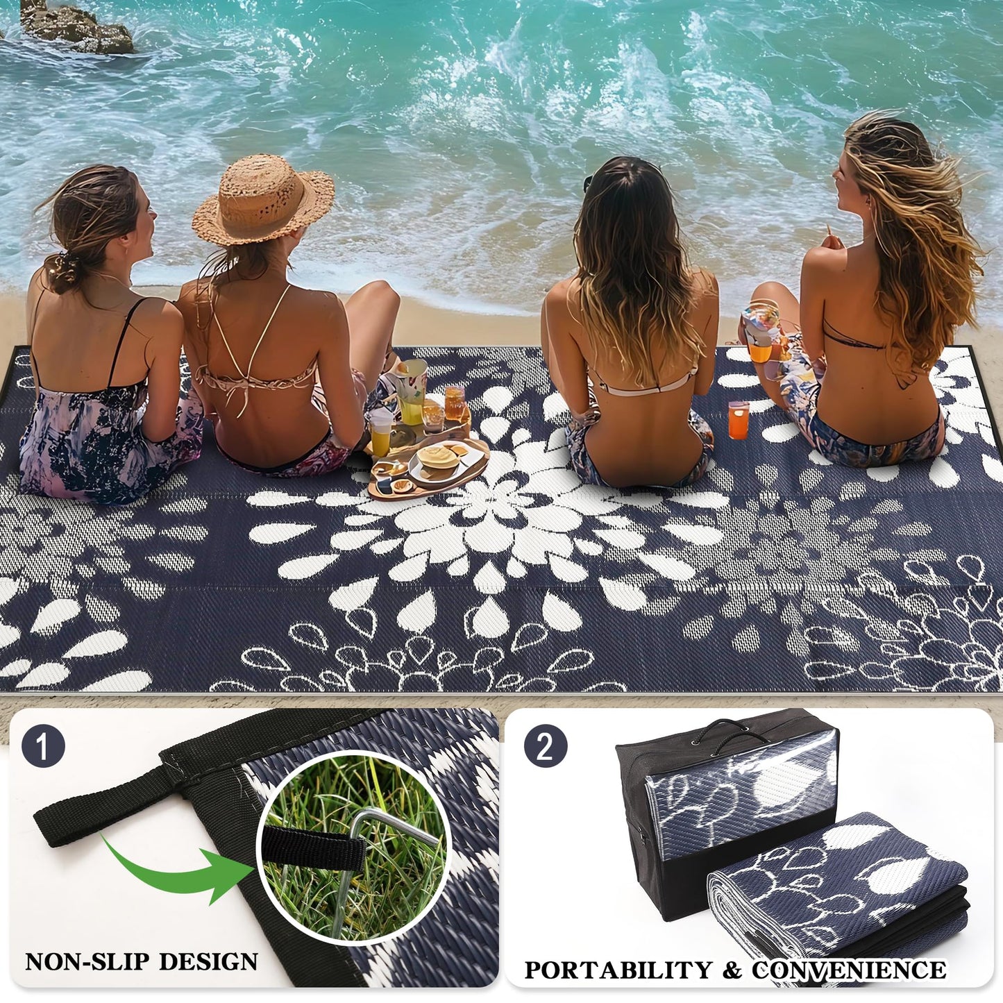 Wallona Outdoor Rugs 5x8 ft Patio Waterproof Clearance Indoor Outdoor Carpet for Patio Plastic Straw Reversible Area Rugs Mat for RV, Camping, Balcony, Beach, Picnic, Porch, Flower Blue & White