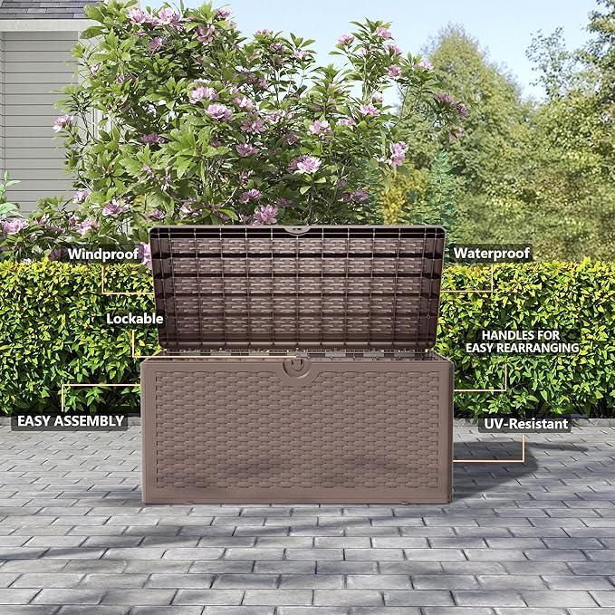 Upgrade 80 Gallon Waterproof Large Resin Deck Box Indoor/Outdoor Lockable Storage Container and Seating for Garden, Pool, and Patio (80 Pro Gallon, Brown)