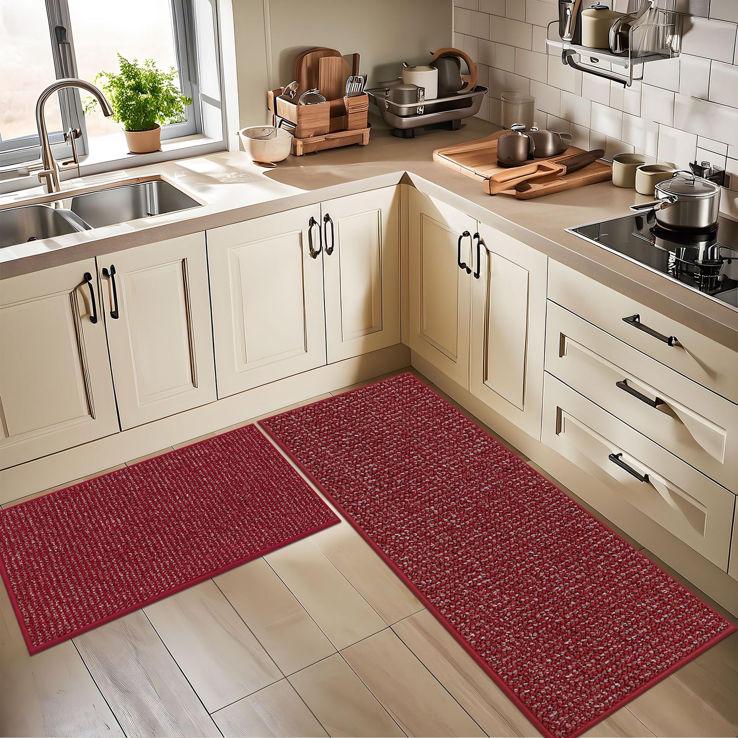 BEQHAUSE Kitchen Rugs 24"x36", Non-Slip Kitchen Mats for Floor, Super Absorbent and Stain Resistant Kitchen Rugs, Machine Washable Rugs for Kitchen, Hallway, Laundry & Sink, Red
