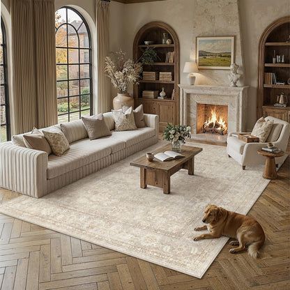 PureCozy 8x10 Beige Living Room Area Rug Vintage Washable Non Slip Indoor Carpet Distressed Low Pile Soft Retro Accent Throw Large Rug for Bedroom Dining Room Office