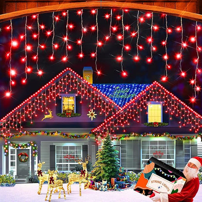 XURISEN 132ft Christmas Lights Decorations Outdoor, 1280 LED 8 Modes Fairy Lights with 240 Drops,Plug in Waterproof Timer Memory Function for Christmas Holiday Wedding Party Decor(Red)