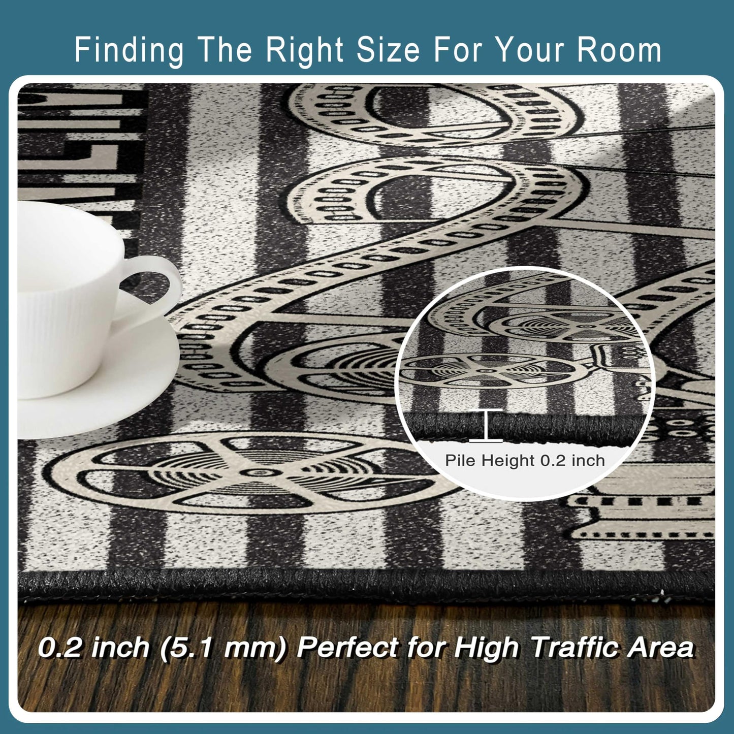 Movie Theme Area Rug, 1.3x7ft, Retro Movie Reel Vertical Black and White Striped Rug Runners for Hallways, Cozy Reduce Noise Film Lover Gift Decor Carpet for Living Room Kitchen