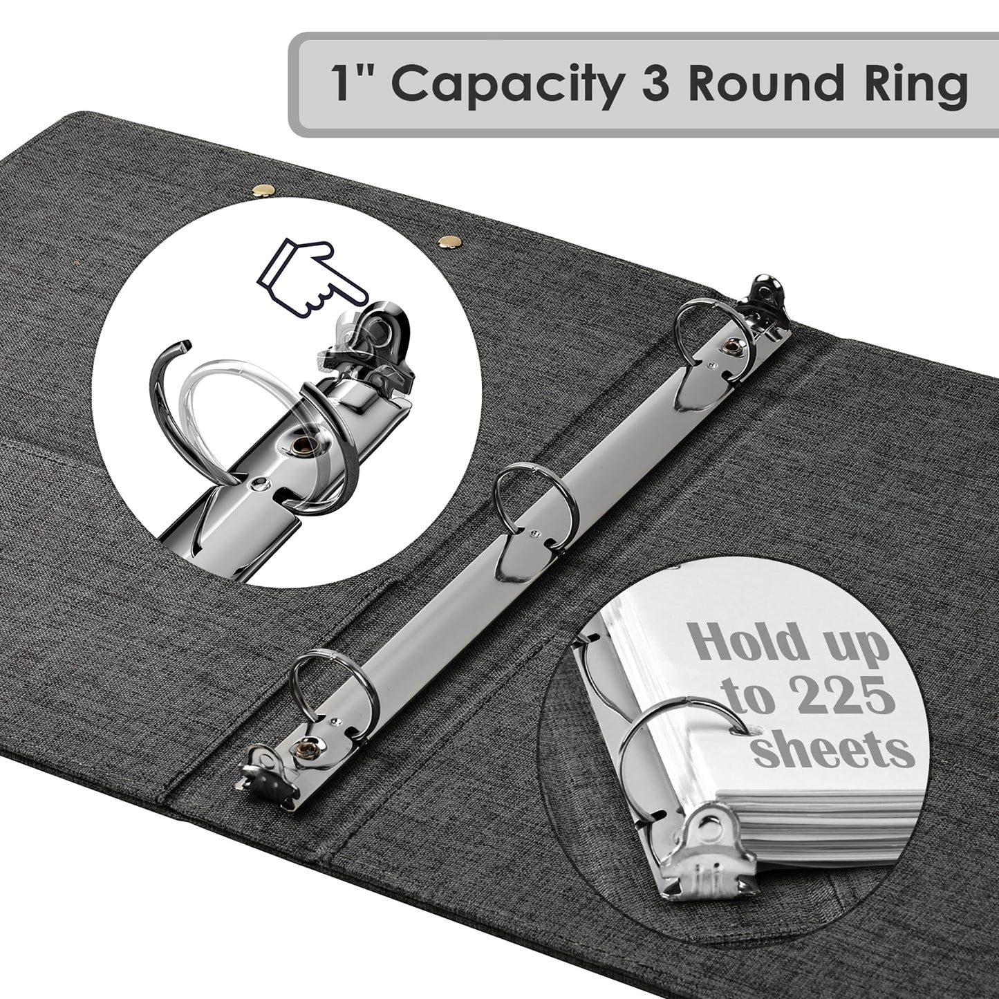 EYROZILL 3 Ring Binder, 1 Inch Linen Binder Organizer for Letter Size (8.5" x 11") with 5 Tab Dividers, File Folder Labels and Low Profile Clipboards, School and Office Supplies- Dark Grey