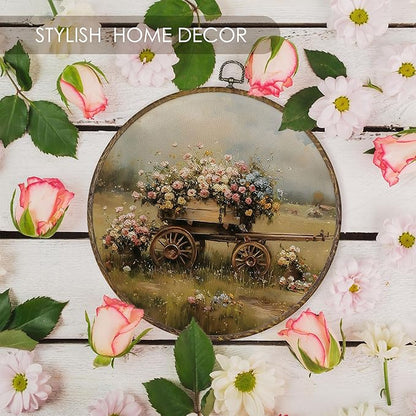 Fewgb Farmhouse Floral Cart Round Wall Art Decor Framed, Vintage French Country Canvas Wall Art Prints Picture, Rustic Cottagecore Wildflower Hanging Room Decor Artwork for Gallery Bedroom 10x10