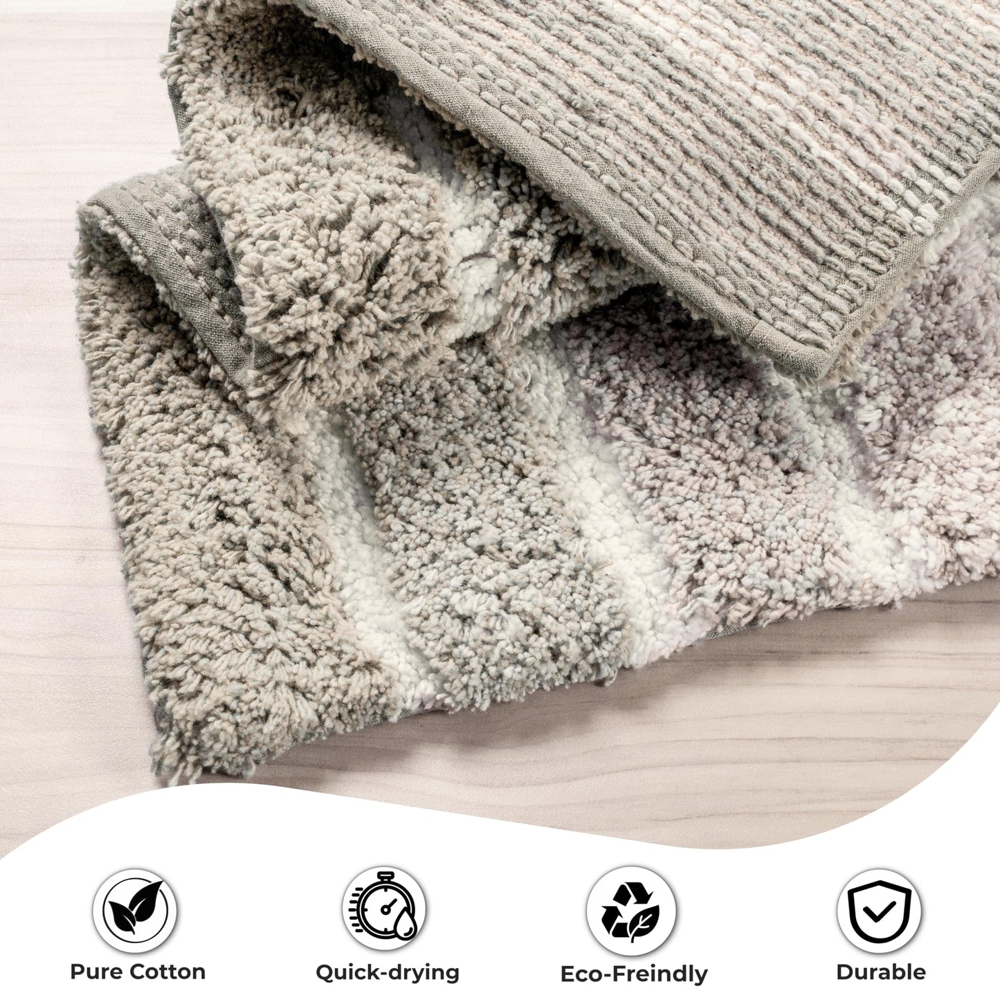 Ramanta Home Alpine Stripe 100% Cotton Bath Rug Set of 2 - Light Grey, Non Slip Soft Absorbent Bath Rug Set for Bathroom, Kitchen, Machine Washable Floor Mats - 21x32 & 17x24 Inch