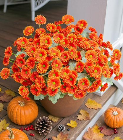 HyeFlora Dahlia Artificial Fall Flowers for Outdoors Autumn Decoration, 6 Bundles Fake Mums Orange Faux Flowers Plants Realistic UV Resistant Silk Flowers for Outside Planter Front Door Yard Garden