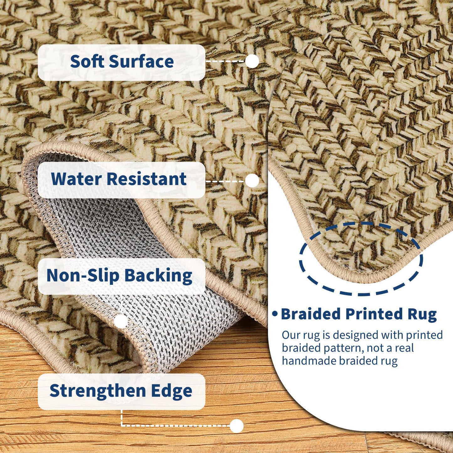 MilleLoom Scalloped Braided Print Washable Rug 8x10 Area Rugs for Living Room Soft Bedroom Rug Stain-Resistant Rustic Foldable Mat Non Slip Low Pile Carpet for Dining Nursery Cottage Office Natural