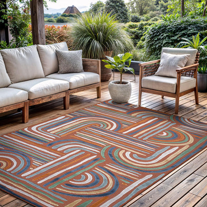 CAMILSON Indoor Outdoor Rug, Orange 5x7 Geometric Arch Striped Area Rugs for Patio and Home Areas, Easy-Cleaning Non-Shedding Living Room, Garden and Deck Washable Outside Carpet (5 x 7)