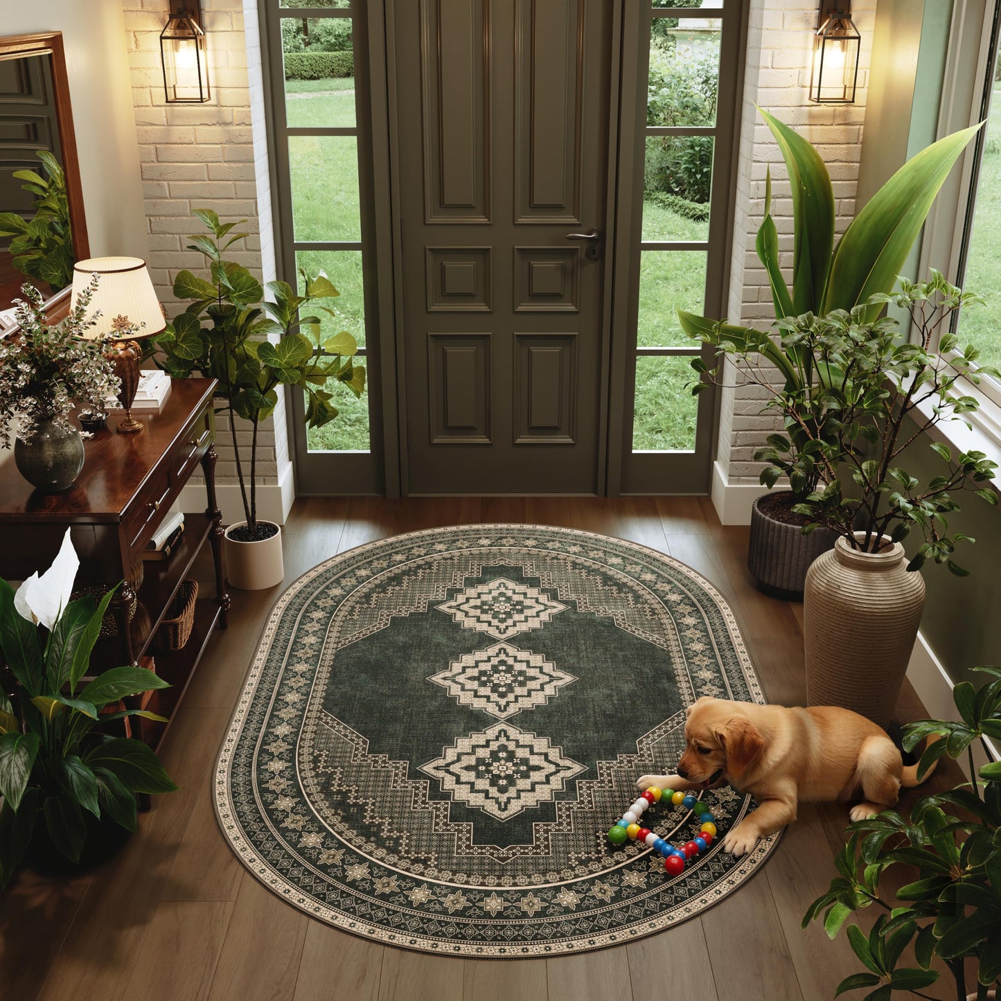 Clemile 4x6 Oval Rug - Washable Ultra-Thin Living Room Rug Non-Slip Vintage Carpets - Soft & Stain Resistant Rug for Kitchen Bedroom Living Room Forest Brown