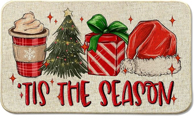 Christmas Hat Front Door Mat Indoor Outdoor Entrance 17x29, Tis The Season Xmas Winter Washable Non-Slip Rubber Red Doormat Inside Outside Entrance, Welcome Floor Mat for Home Holiday Decor AH32