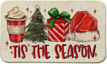 Christmas Hat Front Door Mat Indoor Outdoor Entrance 17x29, Tis The Season Xmas Winter Washable Non-Slip Rubber Red Doormat Inside Outside Entrance, Welcome Floor Mat for Home Holiday Decor AH32
