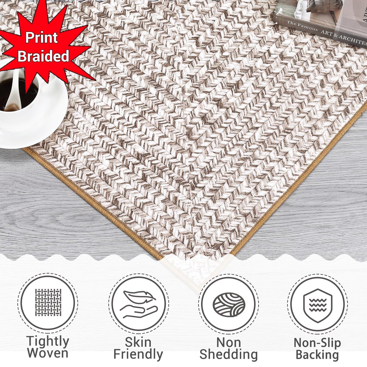 ROYHOME 9x12 Area Rug Large Machine Washable Rug for Living Room Print Braided Accent Rug Stain Resistant Non-Slip Carpet Farmhouse Solid Printed Textured Floor Cover for Home Decor, Beige/Grey