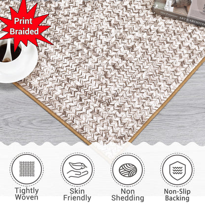 ROYHOME 9x12 Area Rug Large Machine Washable Rug for Living Room Print Braided Accent Rug Stain Resistant Non-Slip Carpet Farmhouse Solid Printed Textured Floor Cover for Home Decor, Beige/Grey