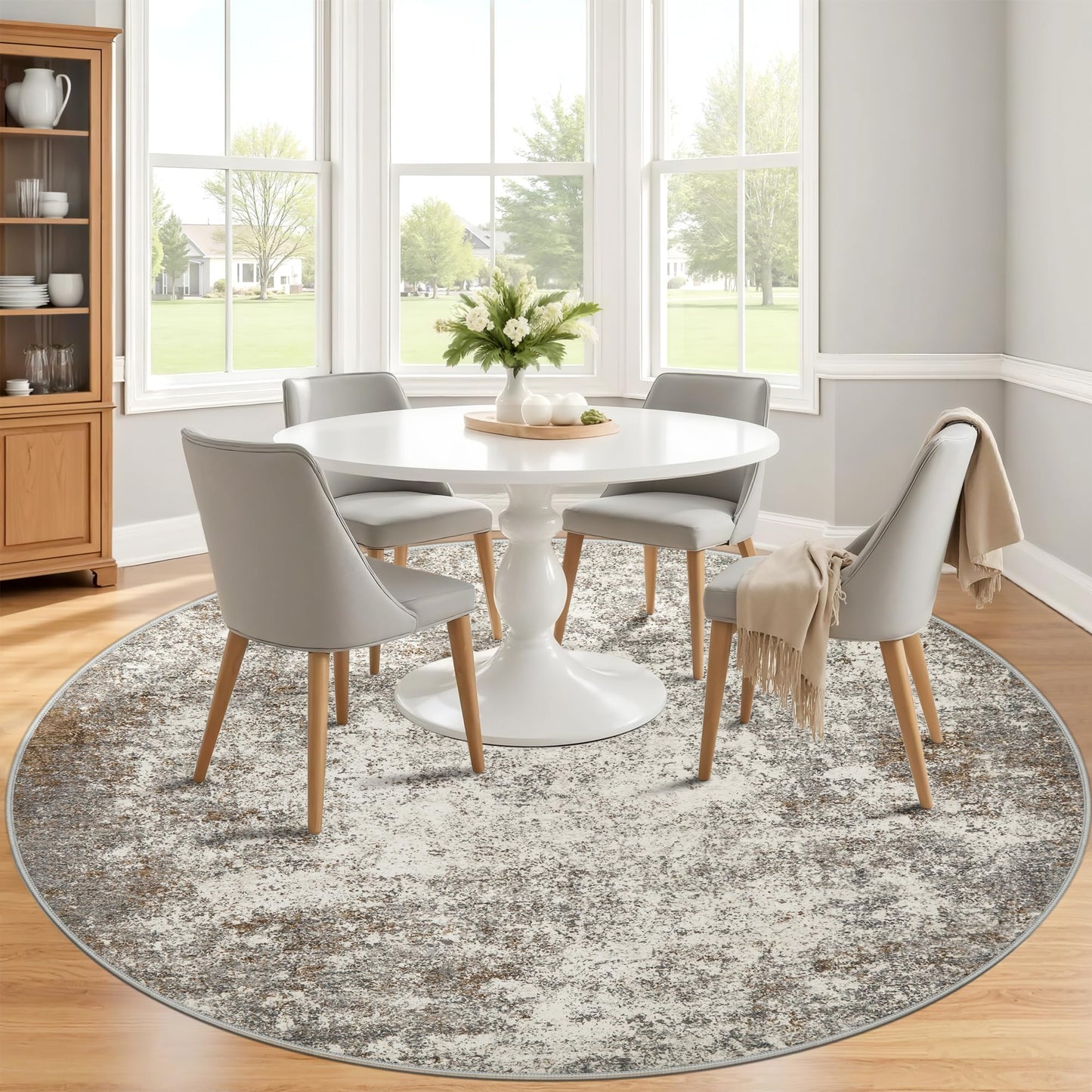 8ft Washable Round Rug - 8x8 Area Rugs Modern Abstract Rugs for Living Room Non-Slip Low Pile Soft Machine Washable Carpet for Bedroom, Living Room, Dining Room, Nursery, Farmhouse (8'x8' Brown Grey)