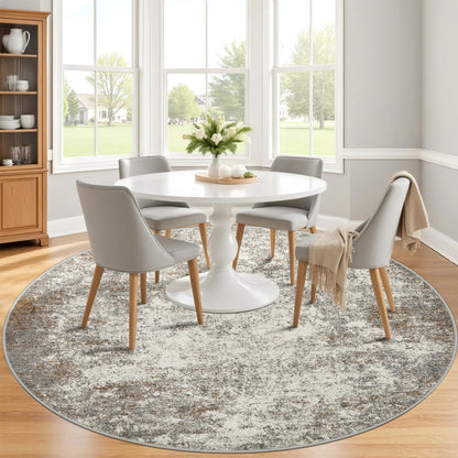8ft Washable Round Rug - 8x8 Area Rugs Modern Abstract Rugs for Living Room Non-Slip Low Pile Soft Machine Washable Carpet for Bedroom, Living Room, Dining Room, Nursery, Farmhouse (8'x8' Brown Grey)