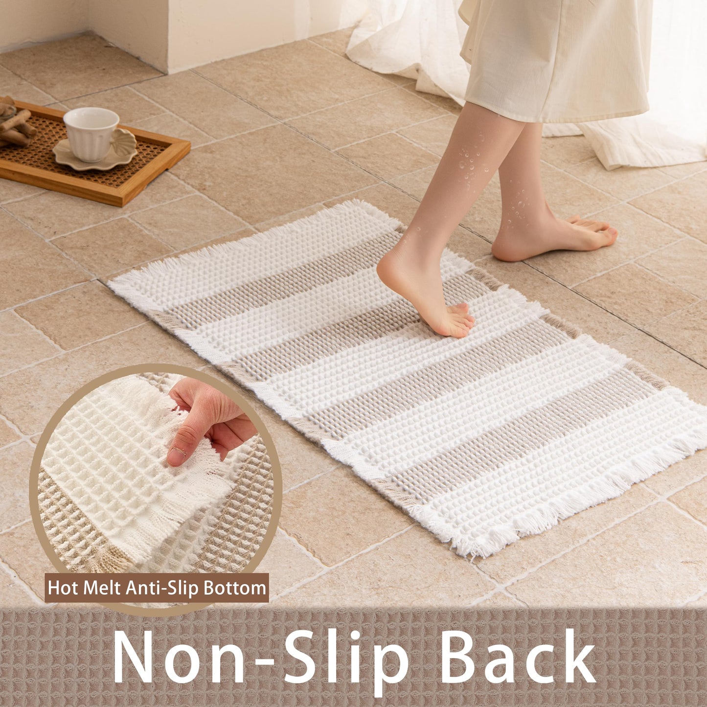 KaviKon Waffle Bath Mat Non Slip, Boho Bathroom Rug, Super Absorbent Quick Dry Bathroom Mat, Soft Farmhouse Bath Rug with Tassels, Small Washable Shower Mats for Floor 16"x24", White and Taupe