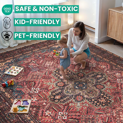 Bloom Rugs Washable Non-Slip 4' x 6' Rug - Red/Teal Blue/Yellow Traditional Medallion Area Rug for Living Room, Bedroom, Dining Room, and Kitchen - Exact Size: 4' x 6'