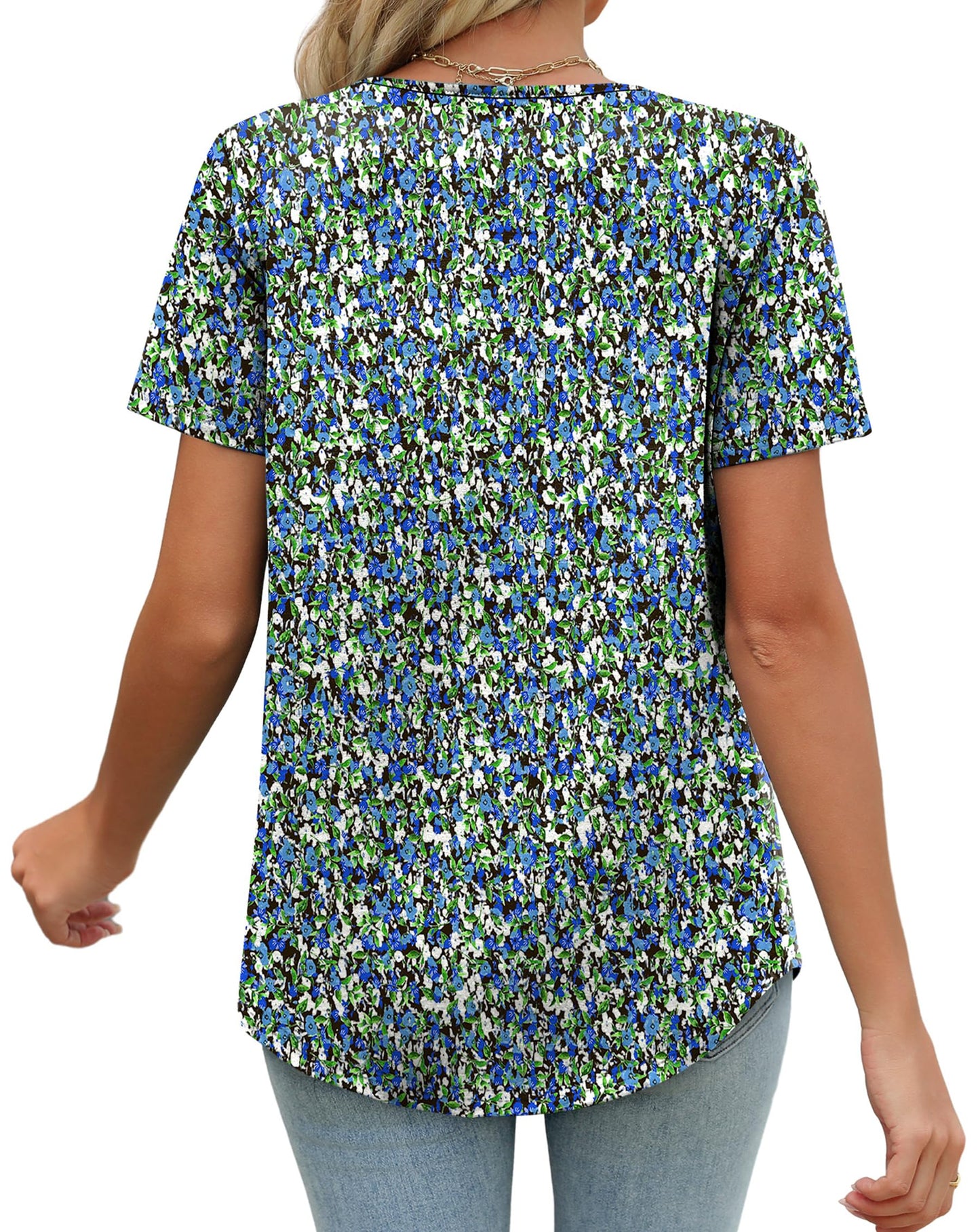WIHOLL Plus Size Tops for Women Dressy Summer Outfits Button Down Shirts Short Sleeve Spring Clothes Graphic Tees Floral Blue 2XL