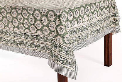 ATOSII Kari Green 100% Cotton Rectangle Boho Summer Tablecloth, Block Print Floral Table Cloth Linen for Dining, Parties, Wedding, Outdoors Home Decor 60 X 90 Inches I 6 Seater I