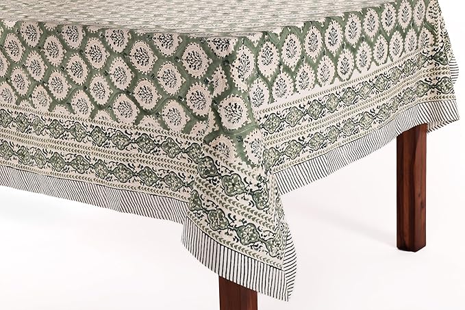 ATOSII Kari Green 100% Cotton Rectangle Boho Fall Tablecloth, Handblock Floral Table Cloth Linen for Kitchen Dining I Parties Wedding Outdoors Christmas Thanksgiving I 72 X 120 Inches I 10 Seater