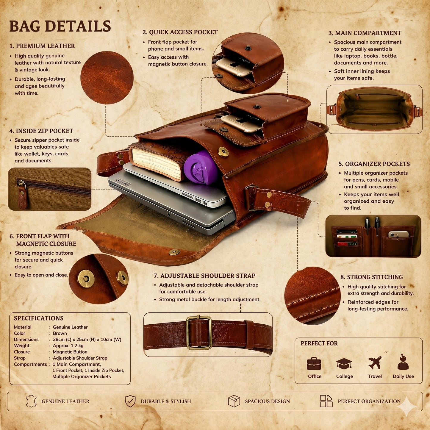 18" leather satchel tablet bag laptop case office briefcase messenger gift for men computer distressed shoulder bag