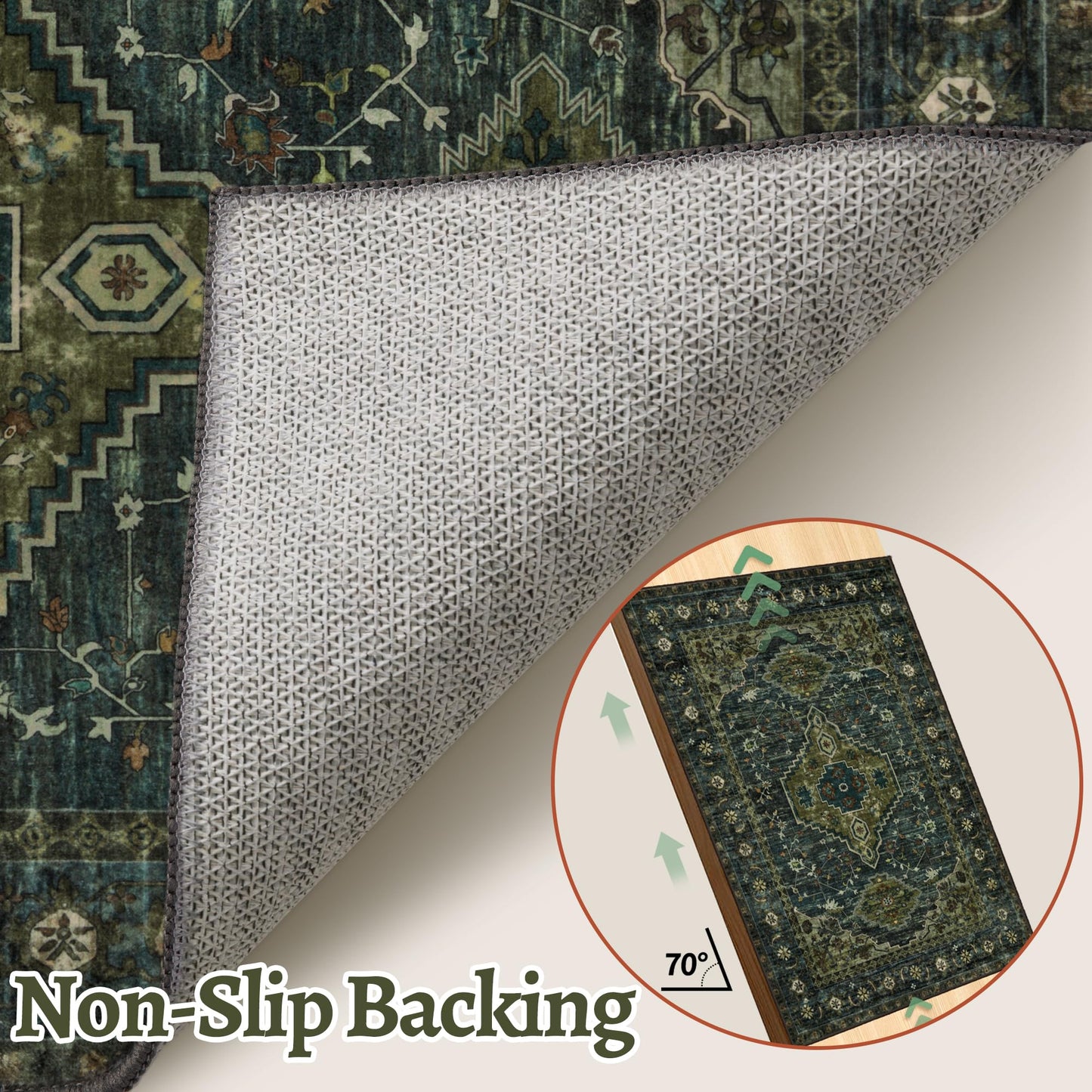 Tangsoo 2x6 Green Washable Runner Rug for Hallways, Non Slip Vintage Runner Rug, Soft Low Pile Long Rug Runner, Print Carpet Runners for Kitchen Bedroom Entryway Bathroom Living Room Olive Green