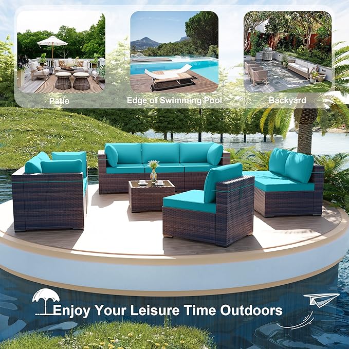 ALAULM 9 Pieces Outdoor Patio Furniture Set Sectional Sofa Sets Brown PE Rattan Patio Conversation Set w/8 Blue Seat Cushions and 1 Coffee Table