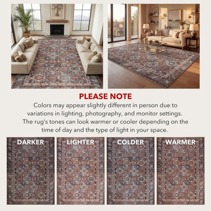 Kuden 6x9 Area Rug, Machine Washable Area Rug with Non-Slip Backing, Vintage Style, Soft, Easy Clean, Low Pile Rug for Living Room, Bedroom, Dining Room