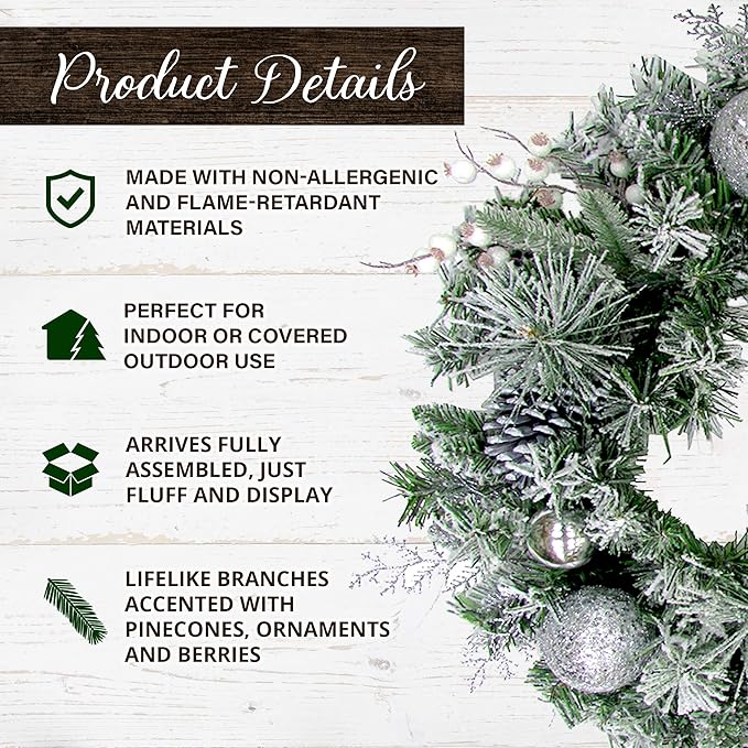 Fraser Hill Farm 24" Christmas Frosted Wreath Door Hanging with Ornaments, Pinecones, and Berries, Artificial Holiday Hanging Decoration for Door, Wall, Mantel