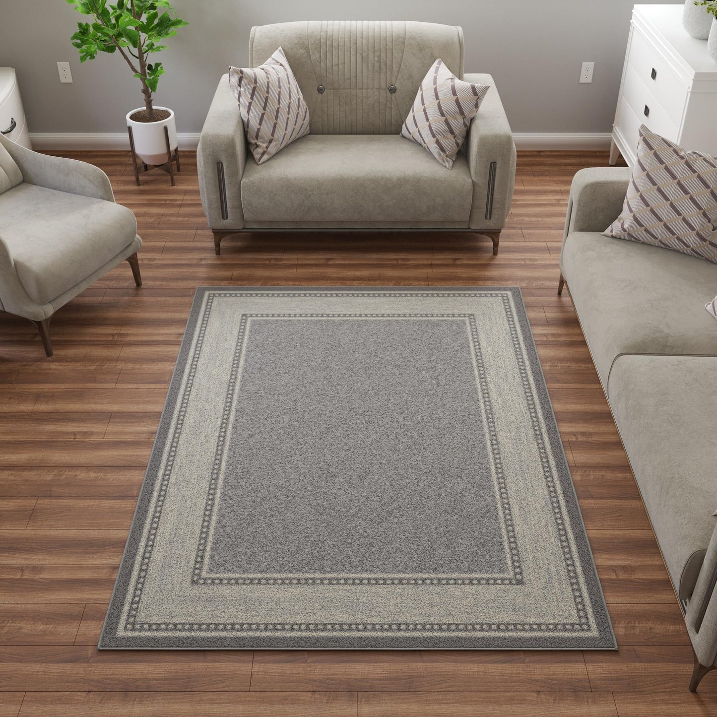 Ottomanson Area Rug 5' x 6'6" – Non Slip Rubber Backed Indoor Rug for Living Room, Bedroom, Dining Room, Low Pile Floor Carpet, Durable Accent Area Rug, Border Light Gray