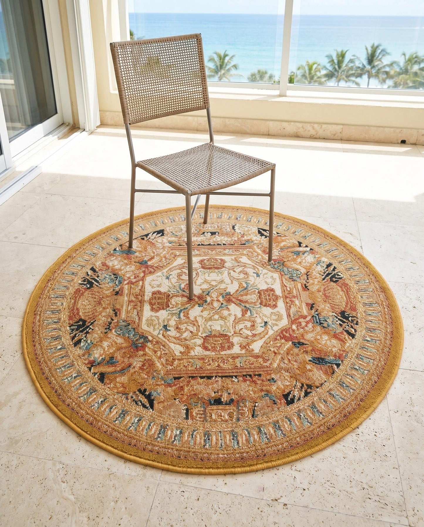Rugs.com - Outdoor Traditional Rug – 3 Ft Round Black Gold Brown Indoor/Outdoor Rug – Weather-Resistant Flatweave for Patio, Deck, and Porch